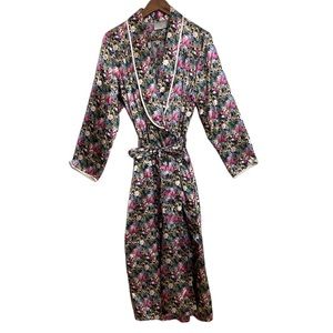 Vintage Robe Women's Medium Pink Floral Satin Shawl Collar Pockets Bows